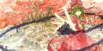  autumn bad_id frills green_eyes green_hair highres kagiyama_hina leaf nagamikennzi nagamin_(kiwibox) outstretched_arms ribbon solo spread_arms touhou traditional_media tree water watercolor_(medium) 