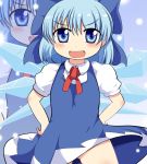 blue_dress blue_eyes blue_hair blush bow cirno dress fang hair_bow hands_on_hips motsu_(selshia12) no_panties open_mouth smile solo touhou upskirt wings 