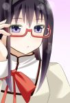  :o akemi_homura bad_id black_hair blush bust close-up face fingernails glasses highres lipstick mahou_shoujo_madoka_magica makeup purple_eyes red-framed_glasses sanzensai_michiru school_uniform solo violet_eyes 