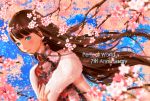  blue_eyes brown_hair cherry_blossoms dutch_angle flower long_hair original petals rua_(k-tie) tree 