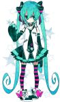  aqua_eyes aqua_hair badge button_badge collar detached_sleeves hatsune_miku long_hair necktie pigeon-toed pigeon_toed shimogu shoes skirt sleeves_past_wrists solo spiked_collar spikes star striped striped_legwear thigh-highs thighhighs twintails very_long_hair vocaloid 