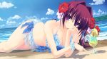  1girl beach bikini cleavage drink game_cg kikurage kimi_wo_aogi_otome_wa_hime_ni purple_eyes solo swimsuit violet_eyes washio_rin 
