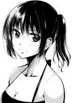  bare_shoulders black_hair blush breasts cleavage collarbone copyright_request face monochrome ponytail simple_background smile solo 