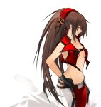 breasts brown_eyes brown_hair cleavage genderswap gloves grin guilty_gear hair_over_one_eye hand_on_hip hips long_hair midriff navel ponytail profile shin_(anbqqcb) simple_background smile sol_badgal sol_badguy solo very_long_hair 