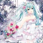  aqua_eyes aqua_hair bare_shoulders bouquet bride cocoon_(loveririn) dress flower flowers hair_flower hair_ornament hatsune_miku highres long_hair multicolored_dress open_door open_mouth pink_dress pink_rose ribbon_choker rose smile solo tulip twintails veil very_long_hair vines vocaloid wedding_dress white_dress white_rose 