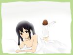  2girls bed bed_sheet black_hair blush brown_hair from_behind giri-chan highres hirasawa_yui k-on! lying multiple_girls nakano_azusa naked_sheet naked_shirt outstretched_arm pillow see-through see-through_silhouette shirt short_hair silhouette smile twintails yuri 