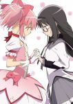  akemi_homura black_hair duo face-to-face face_to_face glasses gloves hair_ribbon hairband hands holding_hands interlocked_fingers kaname_madoka long_hair magical_girl mahou_shoujo_madoka_magica multiple_girls official_art pantyhose photoshop pink_eyes pink_hair purple_eyes red-framed_glasses ribbon short_twintails skirt smile twintails 