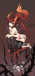  boots breasts chair collar dragon dragon_girl dragon_tail dragon_wings earrings fang highres horns jewelry large_breasts long_hair monster_girl necklace open_mouth original pointy_ears ponytail red_eyes red_hair redhead skull solo spiked_collar spikes tail taruk thigh-highs thighhighs wings 