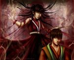  1boy 1girl avatar:_the_last_airbender black_hair brown_eyes brown_hair dress kimono long_hair mai_(avatar) red_background ribbon short_hair smoke zuko 