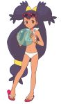  bikini black_hair brown_eyes dark_skin iris_(pokemon) long_hair ochappa pokemon pokemon_(anime) sandals sunglasses sunglasses_on_head swimsuit twintails two_side_up 