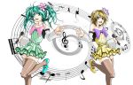 aqua_eyes aqua_hair bare_shoulders blonde_hair blue_eyes colorful_x_melody_(vocaloid) detached_sleeves dress flower hair_flower hair_ornament hatsune_miku kagamine_rin kyo9999 leg_lift microphone multiple_girls musical_note open_mouth pointing project_diva project_diva_2nd simple_background staff_(music) strapless_dress striped striped_clothes striped_dress thighhighs twintails vocaloid 