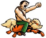  arcanine belt brown_hair capcom cross crossover epic facial_hair fang final_fight fist keijimatsu manly mike_haggar moustache muscle mustache nintendo open_mouth pokemon riding short_hair topless 