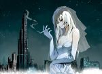  breasts bridal_gauntlets bridal_veil bride building burj_khalifa cigarette city city_lights city_skyline cityscape cleavage dress dubai elbow_gloves gloves hair_over_one_eye justminor long_hair night original sky skyscraper smoke smoking solo star_(sky) starry_sky veil wedding_dress white_hair 