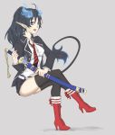  bad_id belt black_hair blue_eyes boots breasts character_request cleavage genderswap high_heel_boots highres long_hair necktie okumura_rin open_mouth school_uniform sheath short_shorts shorts simple_background sitting striped striped_necktie tail thighhighs weapon 