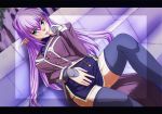  1girl blue_eyes esperanza_(wp) highres long_hair original pointy_ears purple_hair skirt solo thighhighs uniform 