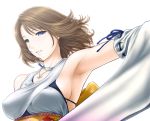  bare_shoulders blue_eyes brown_hair detached_sleeves final_fantasy final_fantasy_x green_eyes hair_ornament heterochromia japanese_clothes jewelry necklace obi outstretched_arm short_hair simple_background st.germain-sal yuna 