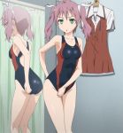  ass competition_swimsuit green_eyes mayo_chiki! mirror one-piece_swimsuit purple_hair reflection school_uniform screencap stitched swimsuit thigh_gap twintails usami_masamune 