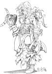  armor axe belt boots dual_wielding fur_trim gauntlets genderswap hair_over_one_eye headwear_removed helmet helmet_off helmet_removed horns league_of_legends long_hair monochrome olaf_(league_of_legends) weapon 