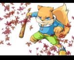  1boy baseball_bat blue_eyes conker conker&#039;s_bad_fur_day conker_(series) leaf letterboxed maple_leaf no_humans shorts simple_background smile solo squirrel sweater teeth 