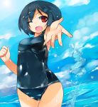  black_hair blue_hair highres one-piece_swimsuit red_eyes sawamura_hikaru school_swimsuit shameimaru_aya shiny shiny_clothes short_hair solo splash splashing swimsuit touhou water wet wet_clothes wink 