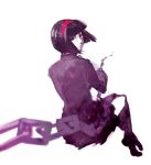  black_hair bob_cut chain chains foreshortening from_behind hairband kriem looking_back okappa school_uniform short_hair simple_background sitting skirt solo spot_color t0rah1k0 tears tiger_&amp;_bunny 