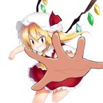  ascot blonde_hair bow chipa_(arutana) dress face flandre_scarlet foreshortening grin hair_bow hands hat outstretched_hand reaching red_eyes short_hair side_ponytail smile solo the_embodiment_of_scarlet_devil touhou transparent_background wings 