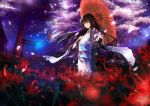  cherry_blossoms closed_eyes eyes_closed flower highres japanese_clothes kimono long_hair obi oriental_umbrella original outstretched_hand petals solo spider_lily stu_dts torii umbrella 