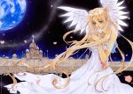  angel_wings artist_request bare_shoulders bishoujo_senshi_sailor_moon blonde_hair blue_eyes castle dress earring earth floating_hair flower hand_on_own_chest hand_to_chest highres jewelry long_hair marker_(medium) moon night night_sky petals pink_rose princess_serenity ring rose rose_petals ryoko-san18 ryoko-san_(laura) sad sky solo star stars traditional_media tsukino_usagi twintails watermark white_dress white_wings wind wings 