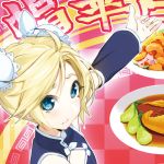  blonde_hair blue_eyes blush china_dress chinese_clothes detached_sleeves double_bun food kagamine_rin plate vocaloid yahako 