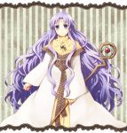  1girl blue_eyes dress fire_emblem fire_emblem_thracia_776 long_hair purple_hair sara_(fire_emblem) serina_ranshi smile solo staff 