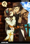  !? alvin_(tales_of_xillia) black_gloves blush bow braid brown_eyes brown_hair coat couple cravat eirakko flower gloves green_eyes hairband hands_clasped leia_roland pants ribbon smile spiked_hair spiky_hair tales_of_(series) tales_of_xillia 