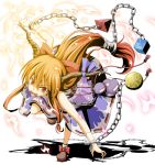  belt blonde_hair bottle bow chain chains fangs flask_(artist) flask_(pandora) hair_bow highres horns ibuki_suika long_hair looking_at_viewer open_mouth orange_hair ribbon shaded_face skirt solo touhou transparent_background wrist_cuffs 