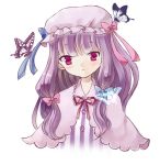  bad_id bow butterfly crescent dress hair_bow hat long_hair patchouli_knowledge purple_dress purple_eyes purple_hair rattan_tantaka ribbon solo touhou violet_eyes 
