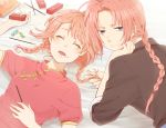  1girl blue_eyes braid brother_and_sister candy chinese_clothes closed_eyes double_bun food food_on_face gintama hair_bun kagura_(gintama) kamui karuha looking_at_viewer pink_hair pocky potato_chips siblings single_braid sleeping smile twin_braids 