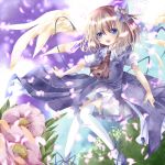  alice_margatroid angel_wings ascot bad_id blonde_hair blue_dress blue_eyes bow dress flower hair_bow nanase_nao open_mouth petals smile solo thighhighs touhou white_legwear wings 