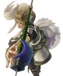  1boy armor blonde_hair dynasty_warriors foreshortening hands helm helmet highres horns ma_chao male metalinu polearm senkoku_musou shin_sangoku_musou simple_background solo spear weapon 