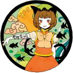  animal_ears blush_stickers body_writing brown_hair bust cat_ears cat_tail chen cloud fish hat lily_pad multiple_tails red_eyes skirt solo tail takanashi_minato touhou translation_request 