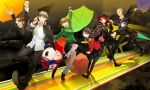  androgynous arm_up arms_up ascot bike_shorts black_hair black_legwear blue_hair brown_hair cabbie_hat everyone grey_hair hairband hanamura_yousuke hand_holding hand_in_pocket hat headphones headphones_around_neck himuka_roko holding_hands jumping kujikawa_rise kuma_(persona_4) leg_lift long_hair narukami_yuu open_mouth pantyhose persona persona_4 reverse_trap roko_(artist) satonaka_chie school_uniform seta_souji shirogane_naoto short_hair skirt smile tatsumi_kanji thigh-highs thighhighs tomboy track_jacket umbrella wink 