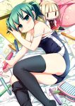  1girl blush breasts character_doll cleavage green_eyes green_hair hidamari_sketch marker nagayama_yuunon nazuna nori one-piece_swimsuit paper school_swimsuit school_uniform short_hair skirt strap_slip swimsuit thigh-highs thighhighs twintails ||_|| 