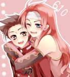  bad_id blue_eyes brown_eyes brown_hair coat gloves headband highres hug hug_from_behind kurabayashi lloyd_irving long_hair male multiple_boys pink_background red_hair redhead smile tales_of_(series) tales_of_symphonia wink zelos_wilder 