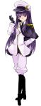  alternate_costume aoshima arm_behind_back boots capelet crescent gloves hat highres long_hair military military_uniform monocle patchouli_knowledge purple_eyes purple_hair smile solo touhou uniform violet_eyes 