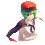  antennae blue_eyes bust cap cape clothes_writing clothing_writing dress_shirt green_hair hands_together hat highres shirt short_hair solo touhou tsukimoto_aoi wriggle_nightbug 