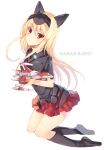  1girl black_jacket blonde_hair boots darius_burst english holding_object jacket jumping long_hair looking_at_viewer miniskirt mismatched_footwear red_eyes red_skirt rento_(rukeai) short_sleeves skirt solo ti2 title 