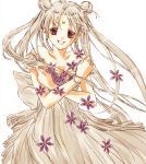  alternate_hair_color artist_request bare_shoulders bishoujo_senshi_sailor_moon bracelet double_bun dress facial_mark floating_hair flower forehead_mark jewelry princess_serenity red_eyes smile solo tsukino_usagi twintails white_background white_dress 