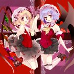  :d alternate_costume ascot bare_shoulders bat_wings blonde_hair bobby_socks bow detached_collar flandre_scarlet footwear frilled_skirt hand_holding hat hat_bow highres holding_hands jumping kurabayashi lavender_hair looking_at_viewer multiple_girls open_mouth outstretched_hand purple_hair red_eyes remilia_scarlet shoes short_sleeves siblings sisters skirt sleeveless smile socks touhou white_legwear wings 