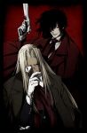  1girl alucard alucard_(hellsing) black_hair blonde_hair cigar dark_skin duo glasses gloves gun hellsing integra_hellsing komo_(sleepy) long_hair pistol red_eyes reverse_trap smoking weapon 