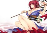  bare_legs bare_shoulders blush breasts character_doll cleavage collarbone dean egasumi flower green_hair hair_bobbles hair_ornament japanese_clothes large_breasts legs long_legs obi onozuka_komachi open_mouth over_shoulder polearm red_eyes red_hair redhead rod_of_remorse shikieiki_yamaxanadu short_hair solo spider_lily thighs touhou twintails weapon weapon_over_shoulder 