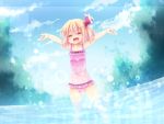  blonde_hair casual_one-piece_swimsuit child closed_eyes eyes_closed fang hair_ribbon kurosu_rino one-piece_swimsuit open_mouth outstretched_arms polka_dot polka_dot_swimsuit ribbon rumia short_hair solo splash splashing spread_arms swimsuit the_embodiment_of_scarlet_devil touhou wading water youkai 