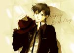  androgynous artist_request bishoujo_senshi_sailor_moon black_eyes black_hair earrings fragrant_olive happy_birthday hat hat_removed headwear_removed jewelry male mei_kurumi_(fragrant_olive) seiya_kou sepia smile solo 