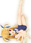  blonde_hair feet hands heterochromia leg_up lying lyrical_nanoha mahou_shoujo_lyrical_nanoha mahou_shoujo_lyrical_nanoha_strikers mikuni_mizuki name_tag one-piece_swimsuit open_mouth outstretched_hand school_swimsuit solo swimsuit vivio 